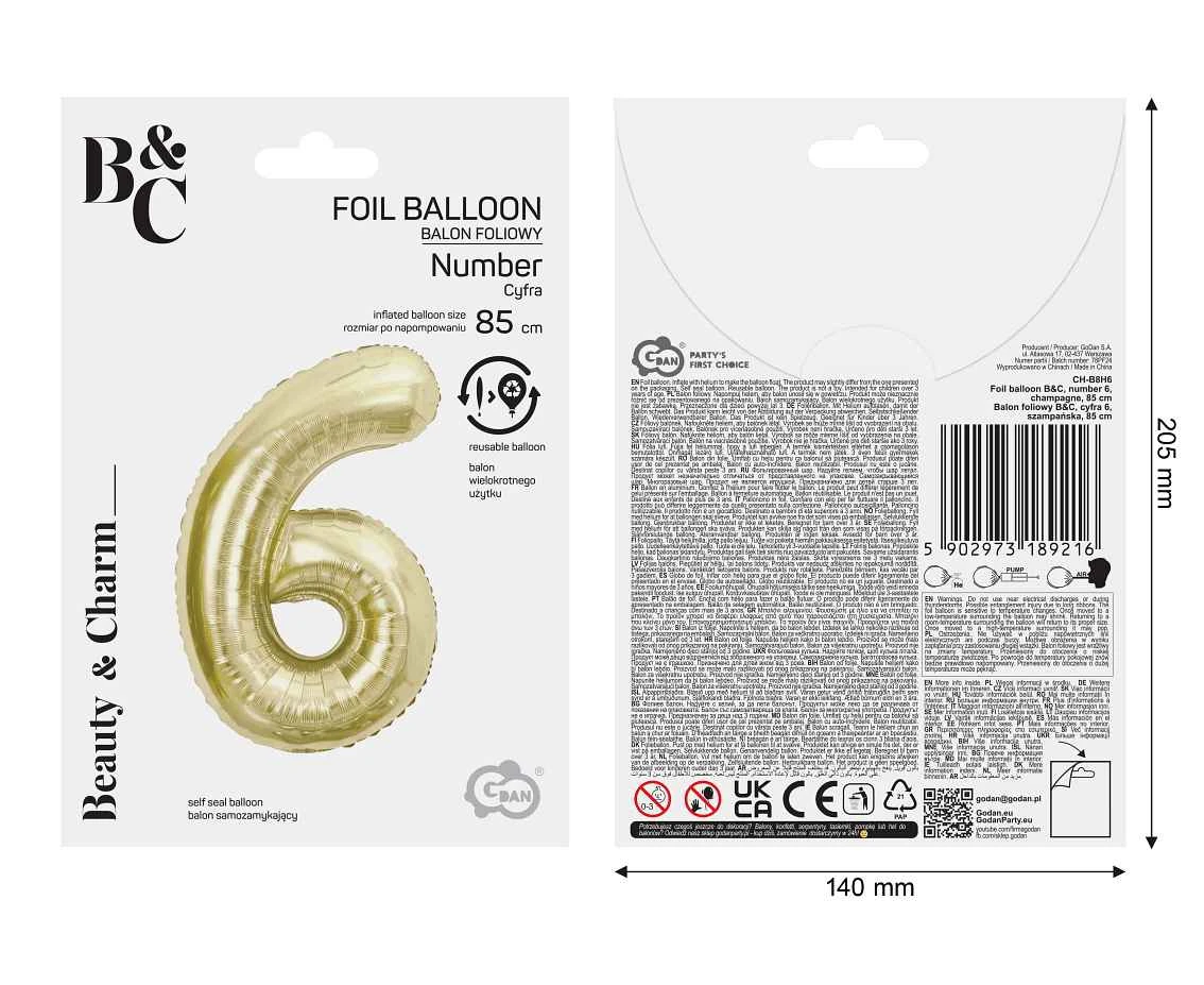 Balon foliowy B&C, cyfra 6, szampańska, 85 cm AA